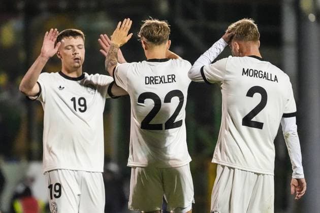 German team relieved after 2 1 win in Northern Ireland Dzenan Pejcinovic Germany U21, 19 , Tim Drexler Germany U21, 22 and Leandro Morgalla Germany U21, 2 Belfast 14 10 2025 Northern Ireland vs Germany U21, European Championship Qualification, The Oval