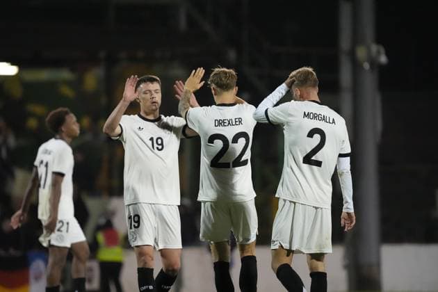 German team relieved after 2 1 win in Northern Ireland Dzenan Pejcinovic Germany U21, 19 , Tim Drexler Germany U21, 22 and Leandro Morgalla Germany U21, 2 Belfast 14 10 2025 Northern Ireland vs Germany U21, European Championship Qualification, The Oval