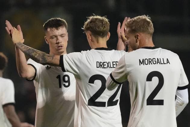 German team relieved after 2 1 win in Northern Ireland Dzenan Pejcinovic Germany U21, 19 , Tim Drexler Germany U21, 22 and Leandro Morgalla Germany U21, 2 Belfast 14 10 2025 Northern Ireland vs Germany U21, European Championship Qualification, The Oval