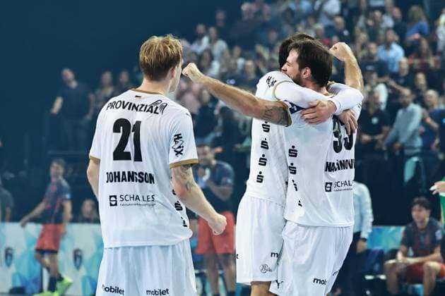 HANDBALL : Montpellier HB vs. THW Kiel - EHF - 14 10 2025 Celebration Kiel lors du match Montpellier HB vs. THW Kiel de la compÃ tition EHF a l™Arena Sud de France, le 14 octobre 2025. MontpellierFrance  Copyright: xValentinaxClaretx