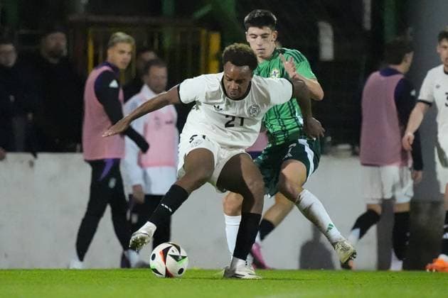 Assan Ouedraogo Germany U21, 21 v Shea Kearney Northern Ireland, Northern Ireland, 7 Belfast 14 10 2025 Northern Ireland v Germany U21, European Championship Qualifiers, The Oval