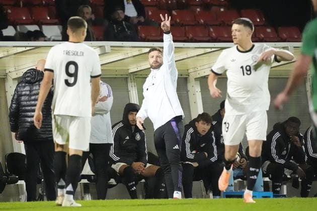 Co-coach Shkodran Mustafi Germany gives instructions Belfast 14 10 2025 Northern Ireland v Germany U21, European Championship Qualifiers, The Oval