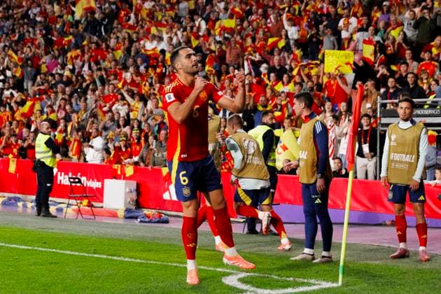 FIFA World Cup, WM, Weltmeisterschaft, Fussball 2026 qualifier - Spain vs Bulgaria VALLADOLID, SPAIN - October 14:Mikel Merino of Spain celebrates a goal during the FIFA World Cup 2026 qualifier match between Spain and Bulgaria at Jose Zorrilla Stadium. (Photo by Guille Martinez f22photo) Valladolid Jose Zorrilla Stadium Spain Copyright: xGuillermoxMartinezx