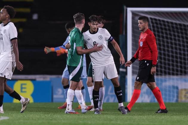 Sport, Football, U21 European Championship Qualification Group F 5 Matchday Northern Ireland U21 Germany U21 14 10 2025, The Oval Jamie McDonnell Northern Ireland, 8 Tom Bischof Germany, 6 after the match Belfast The Oval Northern Ireland