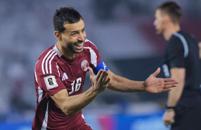 UQATAR v NITED ARAB EMIRATES-2026 FIFA World Cup, WM, Weltmeisterschaft, Fussball ASIAN QUALIFIER PLAYOFFS Boualem Khoukhi of Qatar celebrates after scoring opening goal during the FIFA World Cup 2026 AFC Asian qualifiers playoffs group A match between Qatar and United Arab Emirates at Jassim Bin Hamad Stadium in Doha, Qatar, on October 14, 2025. DOHA Qatar Copyright: xNOUSHADx