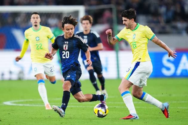 (L-R) Takefusa Kubo (JPN), Lucas Beraldo (BRA), OCTOBER 14, 2025 - Football Soccer : KIRIN Challenge Cup 2025 match between Japan 3-2 Brazil at the Tokyo Stadium in Tokyo, Japan. Noxthirdxpartyxsales  aflo_306948391