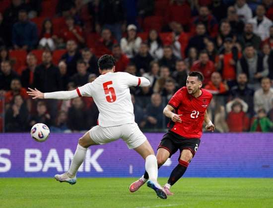 Albania vs Jordan friendly match, Tirana, Albania on October 14, 2025. Albania s Arber Hoxha (R) and Jordan s Yazan Al-Arab fight for the ball during a friendly football match between Albania and Jordan at the Air Albania Stadium in Tirana on October 14, 2025. TIRANE ALBANIA Copyright: xMALTONxDIBRAx