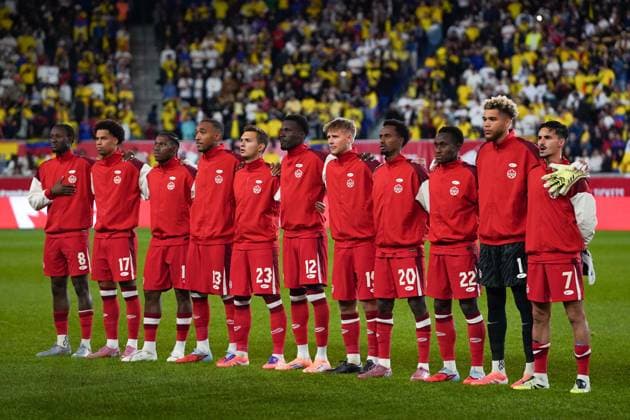October 14, 2025, Harrison, New Jersey, United States: CanadaÃ¢â‚¬â ¢s starting lineup during the International Friendly, Länderspiel, Nationalmannschaft match between Canada and Colombia at Sports Illustrated Stadium on October 14, 2025 in Harrison, Nueva Jersey. Harrison United States - ZUMAe321 20251014_zsa_e321_040 Copyright: xLeonardoxRamirezx