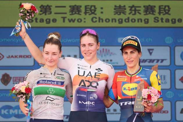(251015) -- SHANGHAI, Oct. 15, 2025 -- Sofie Van Rooijen (C) of UAE Team ADQ, Mia Griffin (L) of Roland Le Devoluy and Elisa Balsamo of Lidl-Trek pose on the podium after Stage 2 of the UCI Women s WorldTour Tour of Chongming Island Road cycling, Rad, Radsport, Strasse race in Shanghai, east China, Oct. 15, 2025. ) (SP)CHINA-SHANGHAI-CYCLING-UCI WOMEN S WORLDTOUR-TOUR OF CHONGMING ISLAND (CN) WangxXiang 