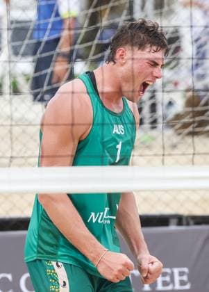 (251015) -- LAGUNA PROVINCE, Oct. 15, 2025 -- Ben Hood of Australia celebrates winning the men s qualification match between Ben Hood Oliver Merritt of Australia and Luke de Greef Martin Licht of Canada at the Volleyball World Beach Pro Tour in Laguna Province, the Philippines, Oct. 15, 2025. ) (SP)THE PHILIPPINES-LAGUNA PROVINCE-VOLLEYBALL WORLD BEACH PRO TOUR ROUELLExUMALI 