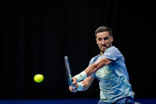 Bosnian Damir Dzumhur pictured in action during the European Open ATP, Tennis Herren tennis tournament in Brussels, on Wednesday 15 October 2025. This year s edition of the tournament is taking place from 12 to 19 October 2025. JASPERxJACOBS  x136871754x