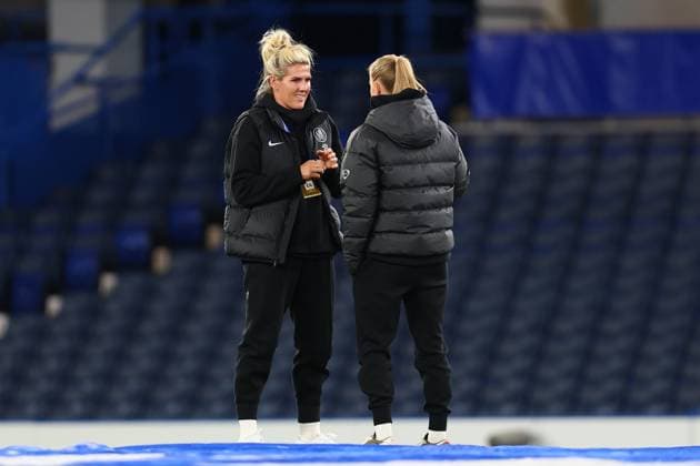London, England, 15th October 2025. Millie Bright (L) and Aggie Beever-Jones of Chelsea ahead of the Chelsea Women vs Paris FC UEFA Womens Champions League match at Stamford Bridge, London. Picture credit should read: Paul Terry Sportimage EDITORIAL USE ONLY. No use with unauthorised audio, video, data, fixture lists, club league logos or live services. Online in-match use limited to 120 images, no video emulation. No use in betting, games or single club league player publications. SPI_003_PT_Chelsea_W_Paris_W SPI-4216-0003