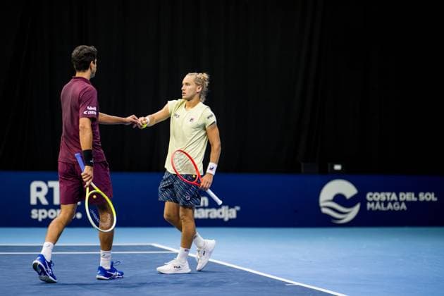 Brazilian Marcelo Melo and Brazilian Rafael Matos pictured in action during the European Open ATP, Tennis Herren tennis tournament in Brussels, on Wednesday 15 October 2025. This year s edition of the tournament is taking place from 12 to 19 October 2025. JASPERxJACOBS  x136893083x
