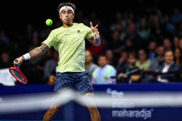 Argentina s Francisco Comesana pictured in action during the European Open ATP, Tennis Herren tennis tournament in Brussels, on Wednesday 15 October 2025. This year s edition of the tournament is taking place from 12 to 19 October 2025. DAVIDxPINTENS  x136893629x