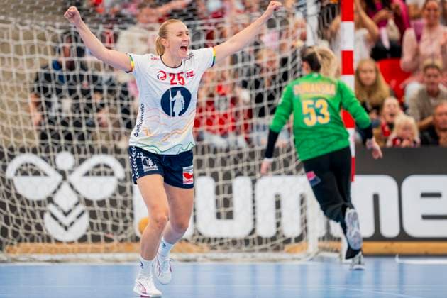 Handball, EHF EURO Cup Norway Romania Larvik 20251015 Norway s Henny Ella Reistad celebrates during the handball match in the EHF EURO Cup between Norway and Romania in Jotron Arena Photo taken on behalf of the Norwegian Handball Association Photo Fredrik Varfjell NTB Larvik Norway EDITORIAL USE ONLY RESTRICTED USE FOR BETTING COMPANIES  Copyright: xFredrikxVarfjellx xNTBx