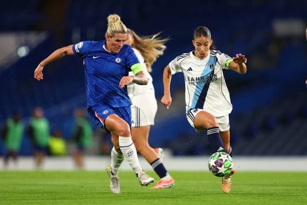London, England, 15th October 2025. Millie Bright of Chelsea and Clara Mateo of Paris FC Feminines challenge for the ball during the Chelsea Women vs Paris FC UEFA Womens Champions League match at Stamford Bridge, London. Picture credit should read: Paul Terry Sportimage EDITORIAL USE ONLY. No use with unauthorised audio, video, data, fixture lists, club league logos or live services. Online in-match use limited to 120 images, no video emulation. No use in betting, games or single club league player publications. SPI_006_PT_Chelsea_W_Paris_W SPI-4216-0006