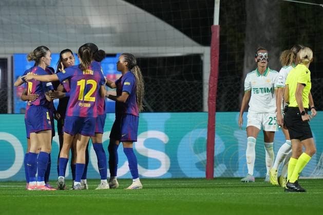 FC Barcellona s Esmee Brugts celebrates after scoring during the Uefa Women™s Champions League soccer match between Roma and Fc Barcellona at the Rome s Tre Fontane stadium, Italy - Wednesday October 15, 2025 - Soccer ( Photo by Alfredo Falcone LaPresse )  Copyright: xAlfredoxFalcone LaPressex