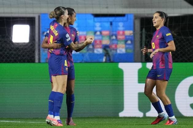 FC Barcellona s Esmee Brugts celebrates after scoring during the Uefa Women™s Champions League soccer match between Roma and Fc Barcellona at the Rome s Tre Fontane stadium, Italy - Wednesday October 15, 2025 - Soccer ( Photo by Alfredo Falcone LaPresse )  Copyright: xAlfredoxFalcone LaPressex