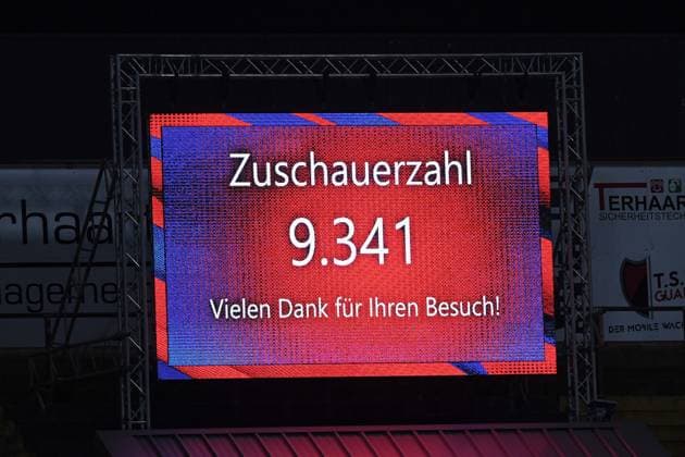 Soccer Niederrheinpokal Round of 16 KFC Uerdingen 05 MSV Duisburg on 15 10 2025 at Grotenburg Stadion in Krefeld The scoreboard at Grotenburg Stadion shows the number of spectators 9 341 xRx