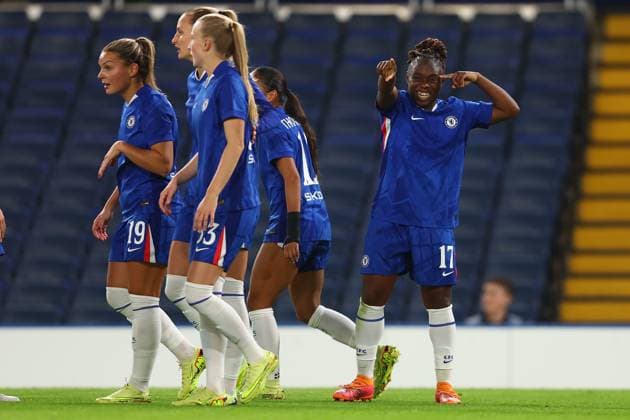 London, England, 15th October 2025. Sandy Baltimore (R) of Chelsea celebrates after scoring the opening goal during the Chelsea Women vs Paris FC UEFA Womens Champions League match at Stamford Bridge, London. Picture credit should read: Paul Terry Sportimage EDITORIAL USE ONLY. No use with unauthorised audio, video, data, fixture lists, club league logos or live services. Online in-match use limited to 120 images, no video emulation. No use in betting, games or single club league player publications. SPI_010_PT_Chelsea_W_Paris_W SPI-4216-0010