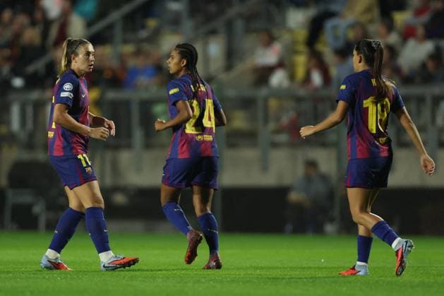 CALCIO - Champions League Women - AS Roma vs FC Barcelona, Barca Rme, Italy October 15, 2025: Brugts of Barcellona score the goal and celebrate with Alexia Putellas of Barcellona during the 2025 26 UEFA Women s Champions League - Matchday 2 - between AS Roma vs FC Barcellona at Tre Fontane Stadium in Rome Rome Italy  Copyright: xIPAxSport ABACAx