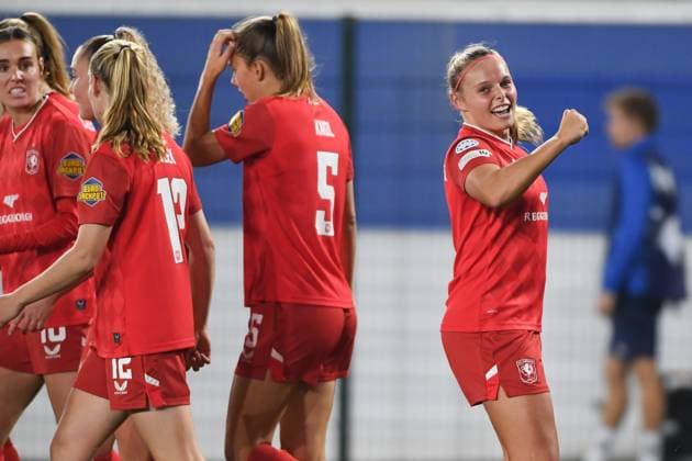 Twente s Jaimy Ravensbergen celebrates after scoring during a soccer match between Oud-Heverlee Leuven Women and Dutch FC Twente Vrouwen, Wednesday 15 October 2025 in Leuven, the second game in the league phase of the UEFA Women s Champions League competition. JILLxDELSAUX  x136904652x