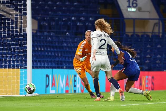 London, England, 15th October 2025. Alyssa Thompson of Chelsea scores to make it 3-0 during the Chelsea Women vs Paris FC UEFA Womens Champions League match at Stamford Bridge, London. Picture credit should read: Paul Terry Sportimage EDITORIAL USE ONLY. No use with unauthorised audio, video, data, fixture lists, club league logos or live services. Online in-match use limited to 120 images, no video emulation. No use in betting, games or single club league player publications. SPI_012_PT_Chelsea_W_Paris_W SPI-4216-0012