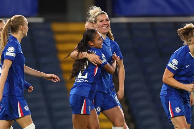London, England, 15th October 2025. Alyssa Thompson of Chelsea celebrates with Millie Bright of Chelsea after scoring to make it 3-0 during the Chelsea Women vs Paris FC UEFA Womens Champions League match at Stamford Bridge, London. Picture credit should read: Paul Terry Sportimage EDITORIAL USE ONLY. No use with unauthorised audio, video, data, fixture lists, club league logos or live services. Online in-match use limited to 120 images, no video emulation. No use in betting, games or single club league player publications. SPI_014_PT_Chelsea_W_Paris_W SPI-4216-0014
