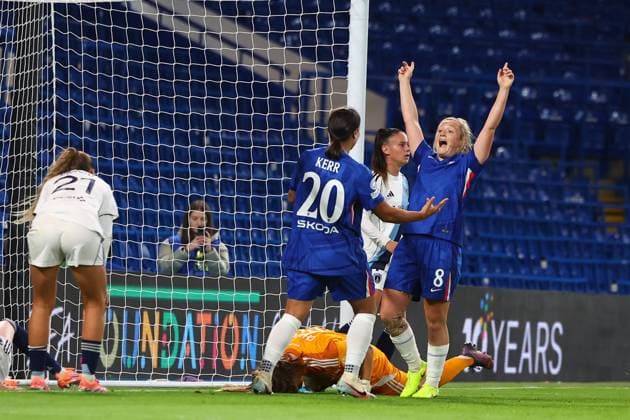 London, England, 15th October 2025. Erin Cuthbert (R) of Chelsea celebrates after scoring to make it 4-0 during the Chelsea Women vs Paris FC UEFA Womens Champions League match at Stamford Bridge, London. Picture credit should read: Paul Terry Sportimage EDITORIAL USE ONLY. No use with unauthorised audio, video, data, fixture lists, club league logos or live services. Online in-match use limited to 120 images, no video emulation. No use in betting, games or single club league player publications. SPI_017_PT_Chelsea_W_Paris_W SPI-4216-0017