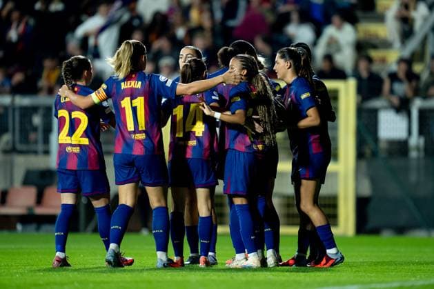AS Roma v FC Barcelona, Barca - UEFA Champions League Women 2025-26 Esmee Brugts of FC Barcelona celebrates after scoring first goal during the UEFA Champions League Women MD2 match between AS Roma and FC Barcelona at Stadio Tre Fontane on October 15, 2025 in Rome, Italy. Rome Stadio Olimpico Lazio Italy Copyright: xGiuseppexMaffiax 251015_UCLW_Roma-Barcelona_1806