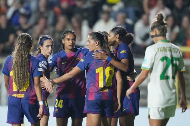 Barcelona s female players celebrate after scoring the 2-0 goal during the Uefa Women™s Champions League soccer match between Roma and Fc Barcellona at the Rome s Tre Fontane stadium, Italy - Wednesday October 15, 2025 - Soccer ( Photo by Alfredo Falcone LaPresse )  Copyright: xAlfredoxFalcone LaPressex