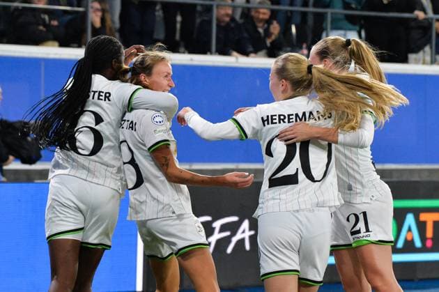 OHL Women s Sara Pusztai celebrates after scoring during a soccer match between Oud-Heverlee Leuven Women and Dutch FC Twente Vrouwen, Wednesday 15 October 2025 in Leuven, the second game in the league phase of the UEFA Women s Champions League competition. JILLxDELSAUX  x136908483x