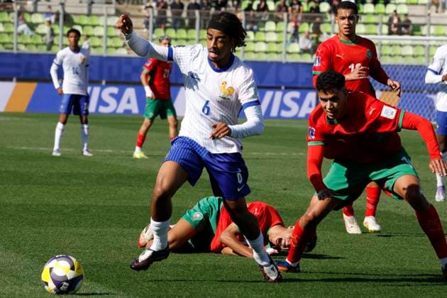 Futbol, Marruecos vs Francia. Mundial sub 20, Chile 2025. El jugador de Francia Ilane Toure es fotografiado durante un partido de semifinal del mundial sub 20 realizado en el estadio Elias Figueroa de Valparaiso, Chile. 15 10 2025 Martin Thomas Photosport Football, Morocco vs France. U-20 World Cup Championship. France™s player Ilane Toure is pictured during a semifinal match of the U-20 World Cup at the Elias Figueroa stadium in Valparaiso, Chile. 15 10 2025 Martin Thomas Photosport Marruecos vs Francia. Mundial sub 20, Chile 2025 
