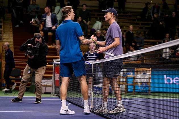 251015 Denis Shapovalov of Canada and Leo Borg of Sweden after a men s singles tennis match during day 5 of the ATP 250 Nordic Open on October 15, 2025 in Stockholm Photo Jesper Zerman BILDBYRAN kod JZ JZ0628 tennis nordic open day 5 bbeng  Copyright: JESPERxZERMAN BB251015JZ052
