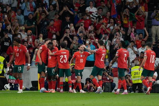 FIFA World Cup, WM, Weltmeisterschaft, Fussball QUALIFIERS: PORTUGAL x HUNGARY Portuguese players celebrates their second goal during FIFA World Cup 2026 Qualifying match between Portugal and Hungary at Estadio Jose Alvalade in Lisbon, Portugal. 10 14 2025 Lisbon Estadio Jose Alvalade Lisbon Portugal Copyright: xBrunoxdexCarvalhox