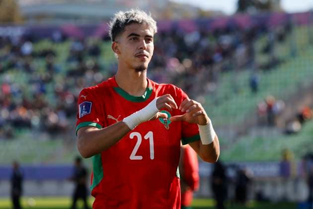 Futbol, Marruecos vs Francia. Mundial sub 20, Chile 2025. El jugador de Marruecos, Yassir Zabiri, celebra tras marcar un gol contra Francia durante un partido de semifinal del mundial sub 20 realizado en el estadio Elias Figueroa de Valparaiso, Chile. 15 10 2025 Sebastian Cisternas Photosport Football, Morocco vs France. U-20 World Cup Championship. Morocco™s player, Yassir Zabiri, celebrates after scoring against France during a semifinal match of the U-20 World Cup at the Elias Figueroa stadium in Valparaiso, Chile. 15 10 2025 Sebastian Cisternas Photosport Marruecos vs Francia. Mundial sub 20, Chile 2025 