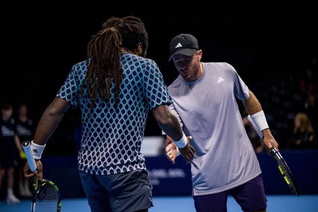 US Evan King and US Christian Harrison pictured in action during the European Open ATP, Tennis Herren tennis tournament in Brussels, on Thursday 16 October 2025. This year s edition of the tournament is taking place from 12 to 19 October 2025. JASPERxJACOBS  x136959641x