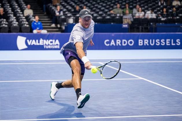 US Christian Harrison pictured in action during the European Open ATP, Tennis Herren tennis tournament in Brussels, on Thursday 16 October 2025. This year s edition of the tournament is taking place from 12 to 19 October 2025. JASPERxJACOBS  x136962429x