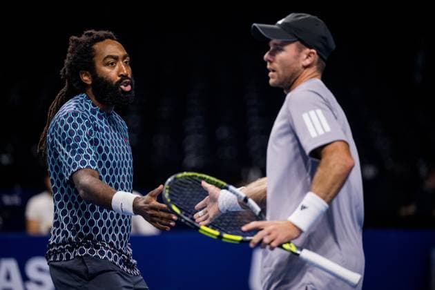 US Evan King and US Christian Harrison pictured in action during the European Open ATP, Tennis Herren tennis tournament in Brussels, on Thursday 16 October 2025. This year s edition of the tournament is taking place from 12 to 19 October 2025. JASPERxJACOBS  x136962437x