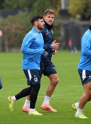 Football, Men, 3 Liga, Season 2025 2026, TSV 1860 Munich, Training Kevin Volland TSV 1860 Munich left with Florian Niederlechner TSV 1860 Munich right running together