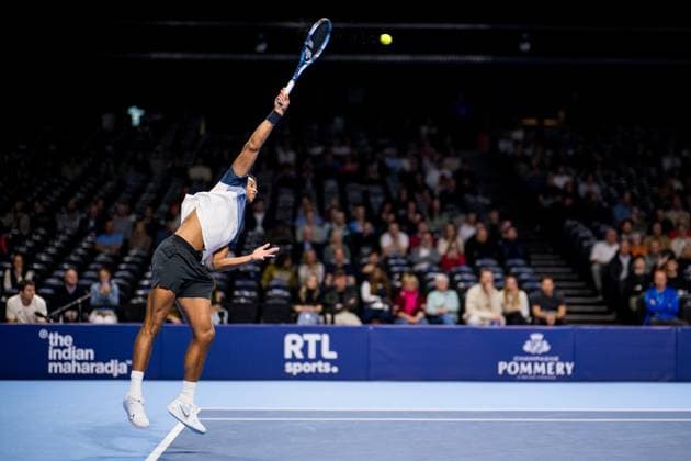French Giovanni Mpetshi Perricard pictured in action during the European Open ATP, Tennis Herren tennis tournament in Brussels, on Thursday 16 October 2025. This year s edition of the tournament is taking place from 12 to 19 October 2025. JASPERxJACOBS  x136965354x