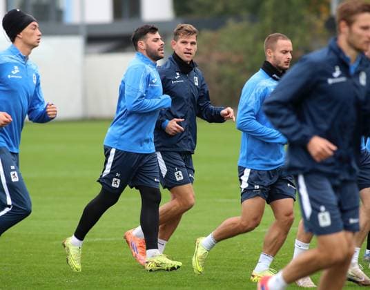 Football, Men, 3 Liga, Season 2025 2026, TSV 1860 Munich, Training Kevin Volland TSV 1860 Munich left with Florian Niederlechner TSV 1860 Munich right while running