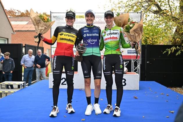 Belgian Marion Norbert Riberolle, Dutch Lucinda Brand and Dutch Inge van der Heijden celebrate on the podium after the women s elite race of the Kermiscross cyclocross cycling event in Ardooie, Thursday 16 October 2025. LUCxCLAESSEN  x136969585x