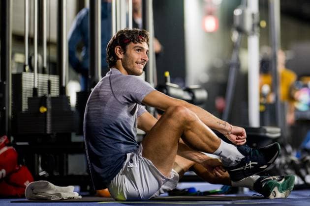 Italian Lorenzo Musetti pictured in action during the warming-up for the European Open ATP, Tennis Herren tennis tournament in Brussels, on Thursday 16 October 2025. This year s edition of the tournament is taking place from 12 to 19 October 2025. JASPERxJACOBS  x136969924x