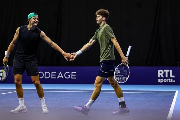 Belgian Alexander Blockx and Belgian Tibo Colson pictured during the European Open ATP, Tennis Herren tennis tournament in Brussels, on Thursday 16 October 2025. This year s edition of the tournament is taking place from 12 to 19 October 2025. DAVIDxPINTENS  x136970099x