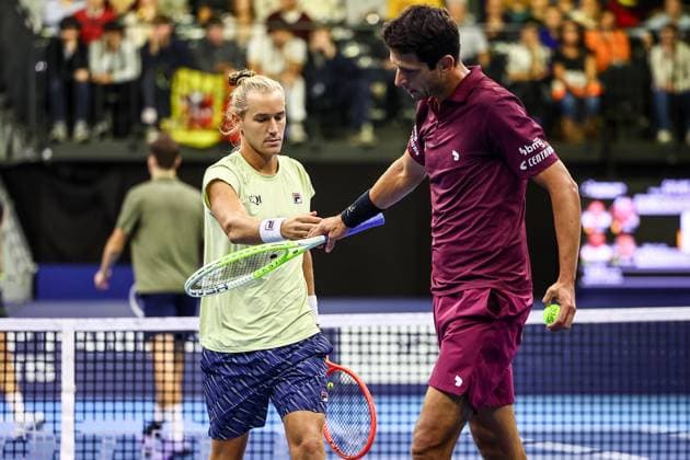 Brazilian Rafael Matos and Brazilian Marcelo Melo pictured during the European Open ATP, Tennis Herren tennis tournament in Brussels, on Thursday 16 October 2025. This year s edition of the tournament is taking place from 12 to 19 October 2025. DAVIDxPINTENS  x136970116x