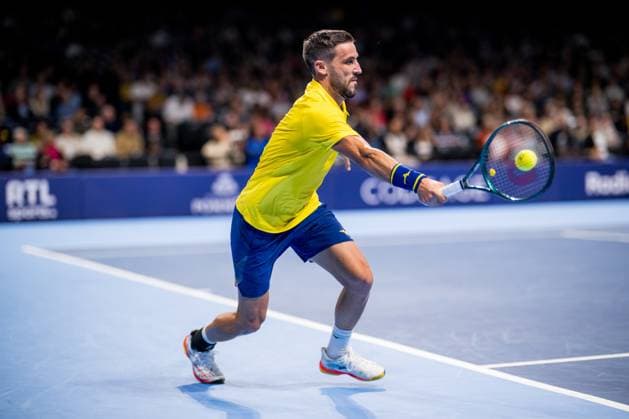 Bosnian Damir Dzumhur pictured in action during the European Open ATP, Tennis Herren tennis tournament in Brussels, on Thursday 16 October 2025. This year s edition of the tournament is taking place from 12 to 19 October 2025. JASPERxJACOBS  x136975706x