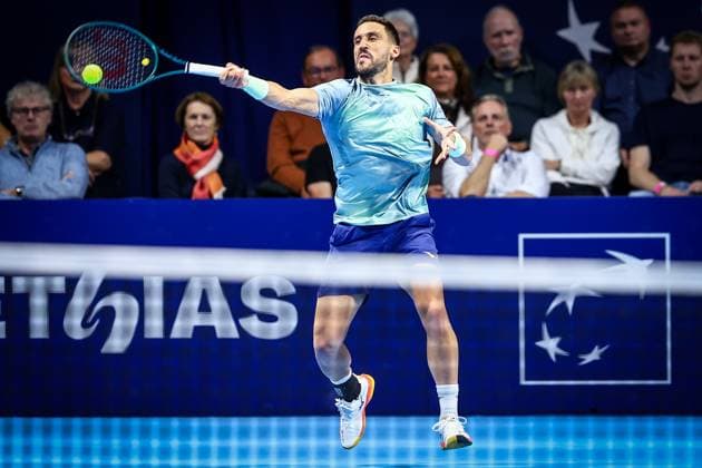 Bosnian Damir Dzumhur pictured in action during the European Open ATP, Tennis Herren tennis tournament in Brussels, on Thursday 16 October 2025. This year s edition of the tournament is taking place from 12 to 19 October 2025. DAVIDxPINTENS  x136982367x