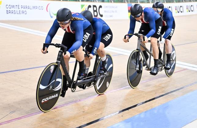 2025 UCI Para-Cycling Track World Championships Picture by Simon Wilkinson SWpix.com - 16 10 2025 - Cycling - 2025 UCI Para-Cycling Track World Championships - Rio Olympic Velodrome, Rio de Janeiro, Brazil - Mixed 750 m Tandem Team Sprint Qualifying - Hannah Chadwick (USA) piloted by Elizabeth Stevenson (USA) and Michael Stephens (USA) piloted by Joe Christiansen (USA) Copyright: x xSWpix.comx(t axPhotographyxHubxLtd)xSimonxWilkinson SWpix.comx SWP-3030-9526
