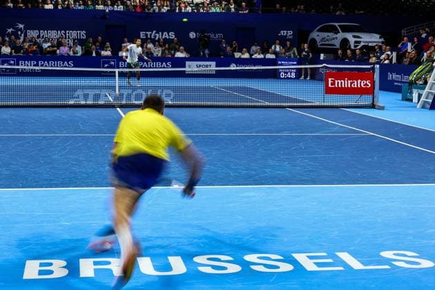 Bosnian Damir Dzumhur and Canadian Felix Auger-Aliassime pictured in action during the European Open ATP, Tennis Herren tennis tournament in Brussels, on Thursday 16 October 2025. This year s edition of the tournament is taking place from 12 to 19 October 2025. DAVIDxPINTENS  x136983857x